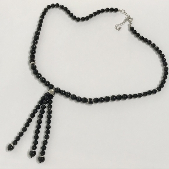 Black Faceted Chunky Fringe Tassel Beaded 1920s Flapper Victorian Necklace Onyx - Picture 1 of 10